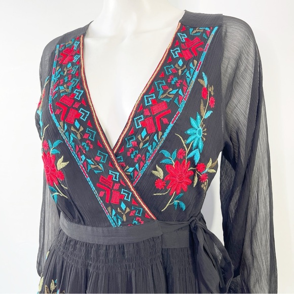 Anthropologie Dress Black Embroidered Wrap Not So Serious Size S Long Sleeve - Picture 6 of 13